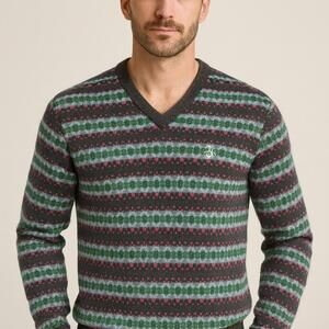 Original Penguin V-Neck Sweater - Charcoal, Teal, Magenta Stripes